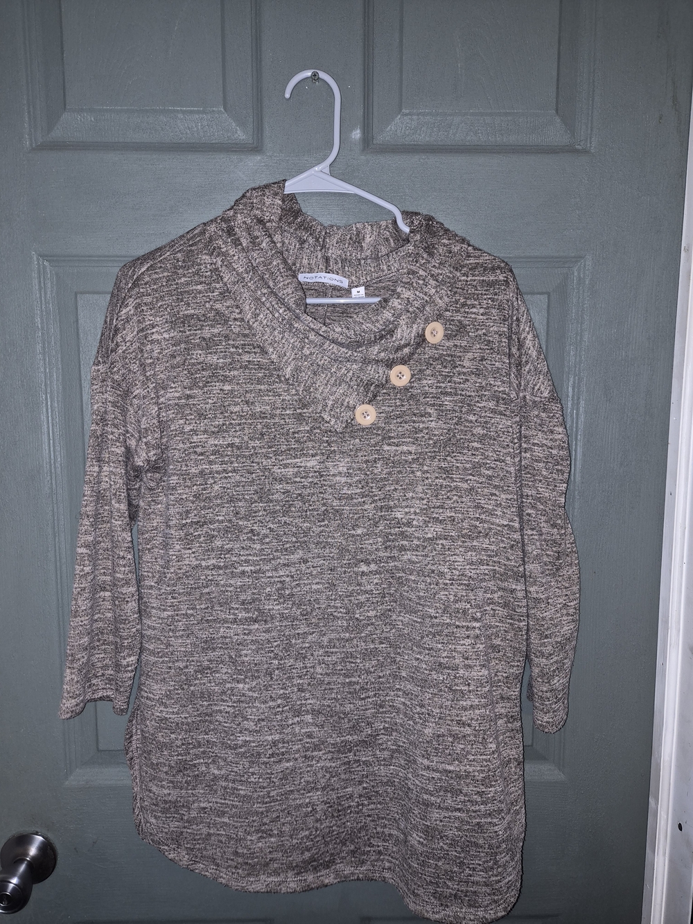 Notations Brown Heather Button-Detail Cowl Neck Sweater